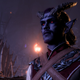 A blue-skinned, devil-horned Tiefling looks out in a darkly lit dock in a scene from Baldur's Gate 3.